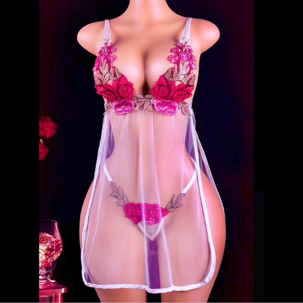 Cream Light Pink, Embroidered Roses, Lingerie Slip
